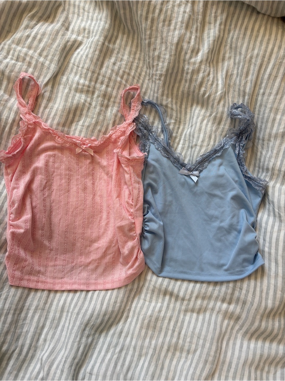 Two Tanks! Pink and Blue Lace-Trim Ribbed Cami Cropped Tops